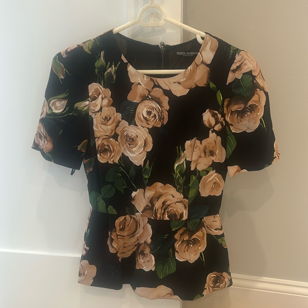 Dolce and Gabbana black top with pink floral pattern